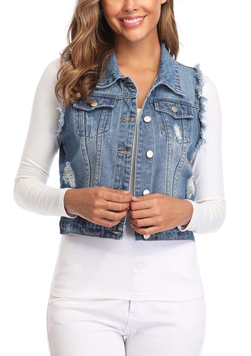 MISS MOLY Women's Ripped Denim Vest Cropped Distressed Classic Sleeveless Jean Vest Jackets With Flap Pockets Mid Blue M - Image 4