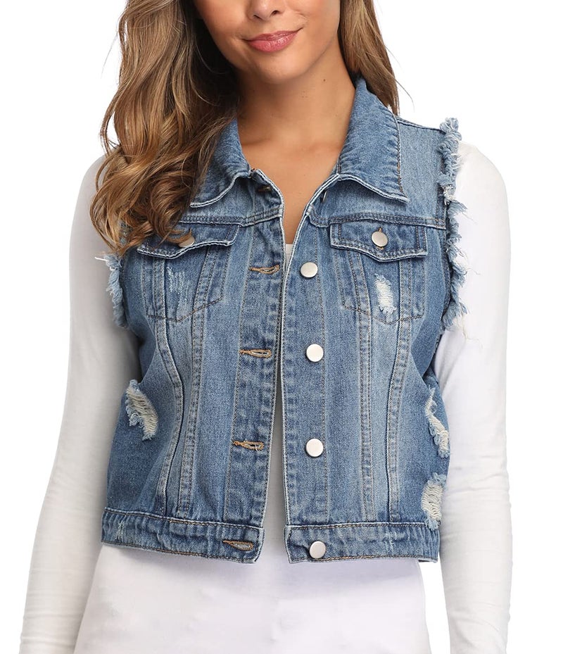 MISS MOLY Women's Ripped Denim Vest Cropped Distressed Classic Sleeveless Jean Vest Jackets With Flap Pockets Mid Blue M - Image 2