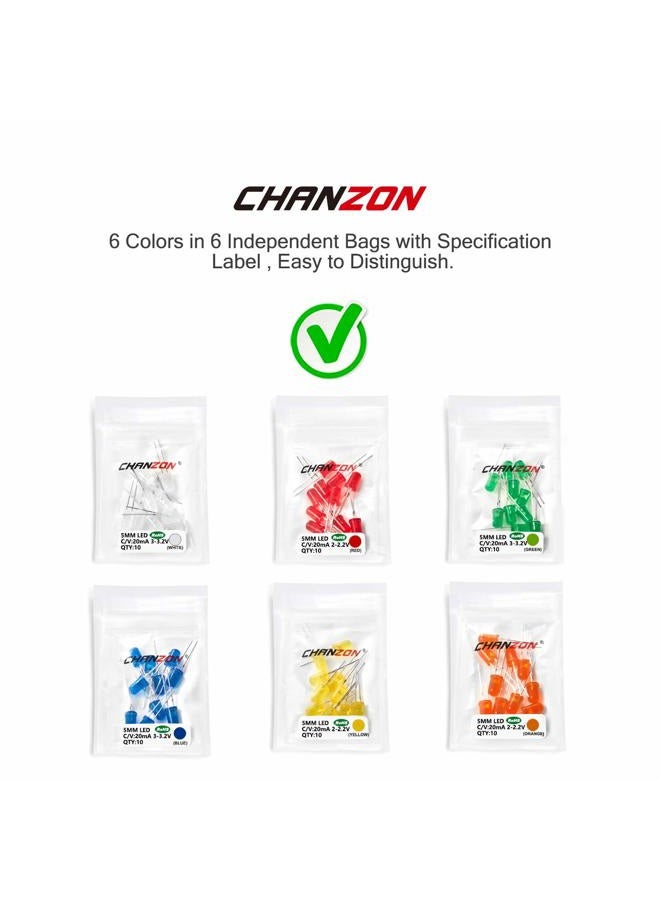 Chanzon 60pcs 5mm LED Diode Lights Assortment Kit Pack Diffused Round Lens DC 3V 20mA Lighting Bulb Lamp Assorted Variety Color Electronics Components Light Emitting Diodes Parts (6 colors x 10 pcs) - Image 4
