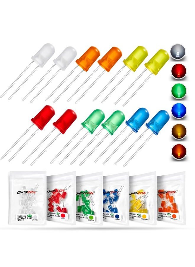 Chanzon 60pcs 5mm LED Diode Lights Assortment Kit Pack Diffused Round Lens DC 3V 20mA Lighting Bulb Lamp Assorted Variety Color Electronics Components Light Emitting Diodes Parts (6 colors x 10 pcs) - Image 1
