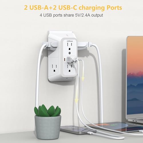 JcBlaon Outlet Extender with Night Light, Multi Plug Outlet Surge Protector,6 Outlet Splitter with 4 USB Outlet (2 USB A,2 USB C) 3 Sided Multi Plug Wall Adapter Power Strip for Home Travel Office 2 Pack - Image 4
