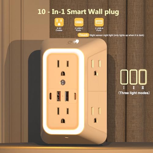 JcBlaon Outlet Extender with Night Light, Multi Plug Outlet Surge Protector,6 Outlet Splitter with 4 USB Outlet (2 USB A,2 USB C) 3 Sided Multi Plug Wall Adapter Power Strip for Home Travel Office 2 Pack - Image 2
