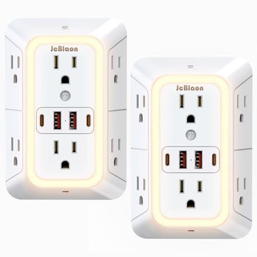 JcBlaon Outlet Extender with Night Light, Multi Plug Outlet Surge Protector,6 Outlet Splitter with 4 USB Outlet (2 USB A,2 USB C) 3 Sided Multi Plug Wall Adapter Power Strip for Home Travel Office 2 Pack - Image 1