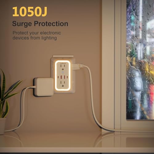JcBlaon Outlet Extender with Night Light, Multi Plug Outlet Surge Protector,6 Outlet Splitter with 4 USB Outlet (2 USB A,2 USB C) 3 Sided Multi Plug Wall Adapter Power Strip for Home Travel Office 2 Pack - Image 5