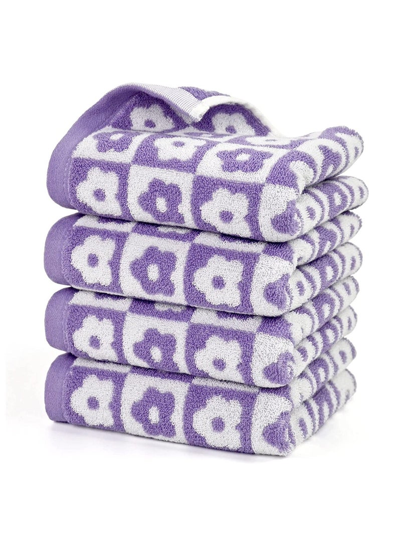 NIBEMINENT SYOSI Cotton Face Towels, Set of 4 Checkered Floral Bathroom Hand Soft Lilac Flower Towels for Everyday Use, 29” x 13”, Purple - Image 1