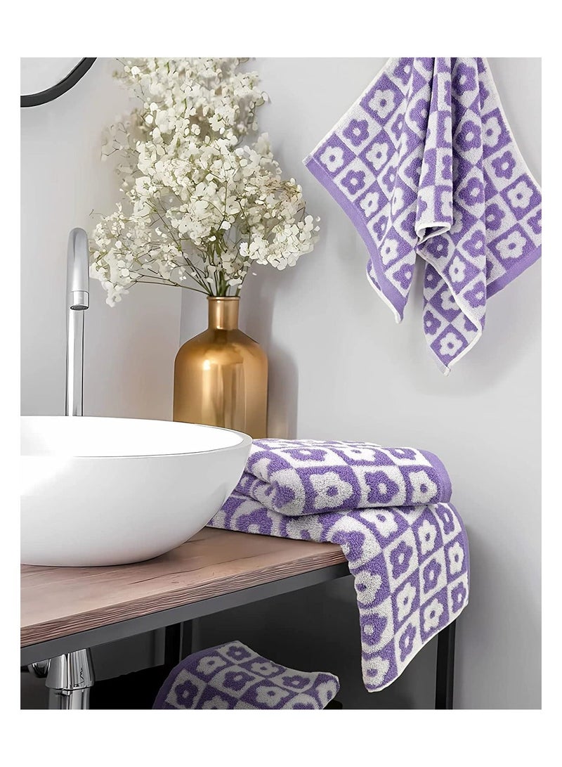 NIBEMINENT SYOSI Cotton Face Towels, Set of 4 Checkered Floral Bathroom Hand Soft Lilac Flower Towels for Everyday Use, 29” x 13”, Purple - Image 2