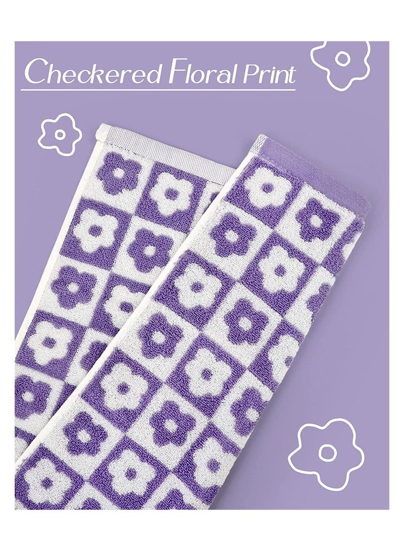 NIBEMINENT SYOSI Cotton Face Towels, Set of 4 Checkered Floral Bathroom Hand Soft Lilac Flower Towels for Everyday Use, 29” x 13”, Purple - Image 5