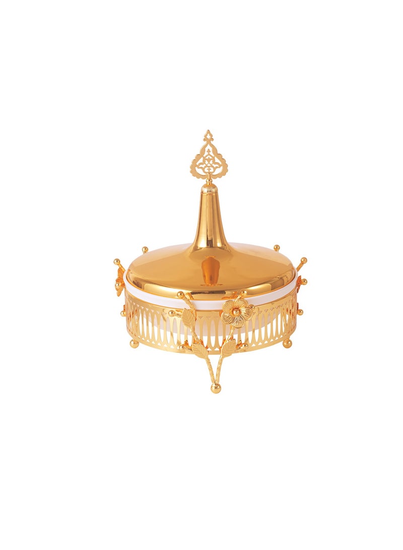Royalford 8" Date Bowl with Lid- RF12338/Perfect for Serving Dates, Dried Nuts, Candies, Etc./ Versatile and Strong with Elegant Golden-Finish Knob and Base, Ceramic Bowl/ Dishwasher and Freezer Safe Golden - Image 1
