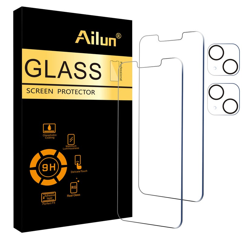 Ailun 2 Pack Screen Protector for iPhone 13 [6.1 inch Display] with 2 Pack Tempered Glass Camera Lens Protector,[9H Hardness]-HD - Image 1