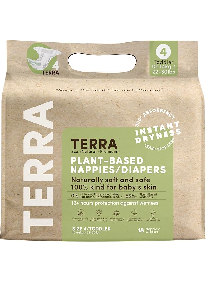 Terra Size 4 Toddler Diapers85% Plant Based Diapers Ultra Soft & Chemical Free For Sensitive Skin Superior Absorbency For Day Or Night Toddlers Babies 22 30 Lb / 10 14 Kg 12 24 Months 18 Count - Image 1