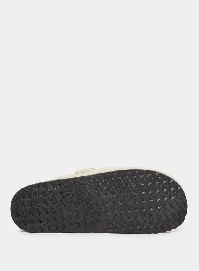 Styli Fluffy Textured Buckle Detail Slippers