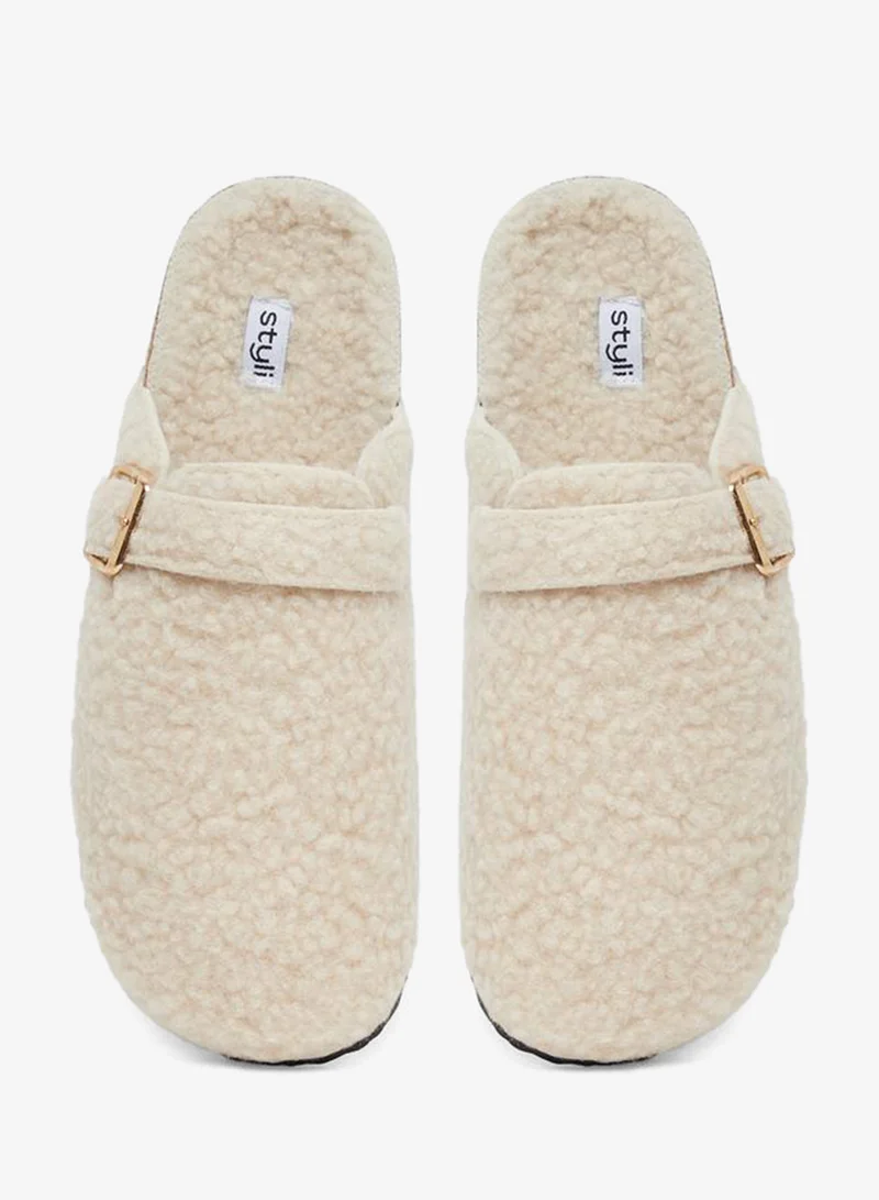 Styli  Styli Fluffy Textured Buckle Detail Slippers for Women | Best Price UAE