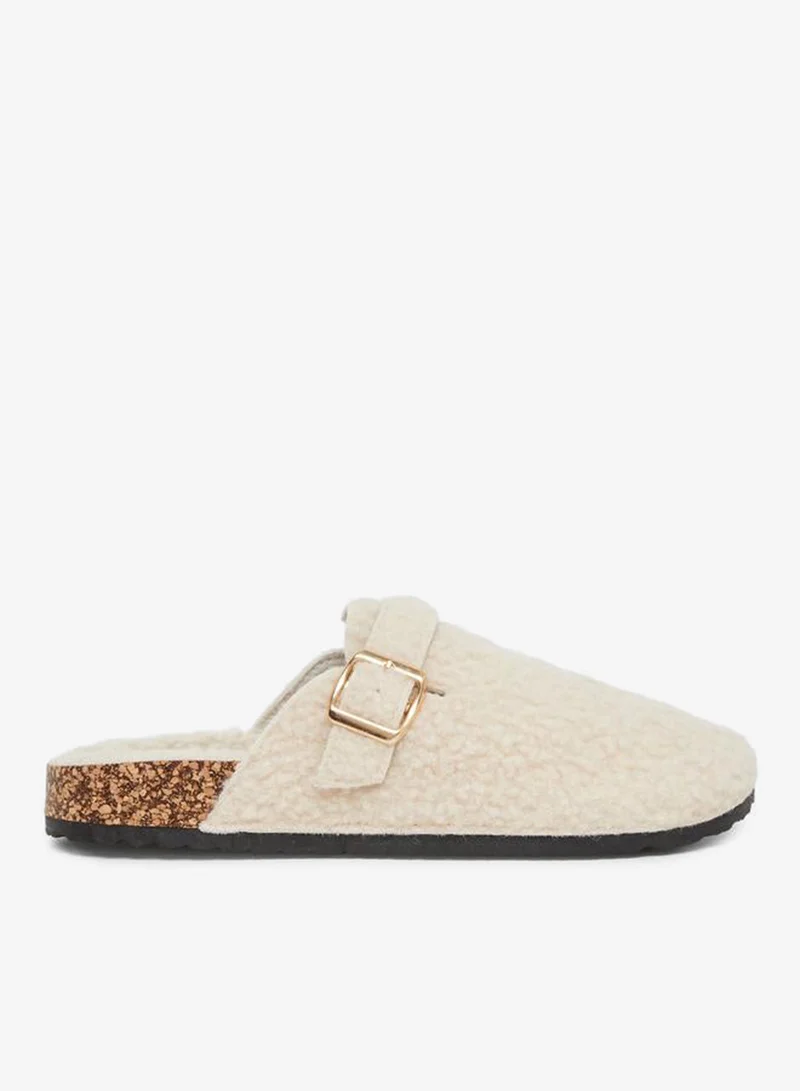Styli Fluffy Textured Buckle Detail Slippers