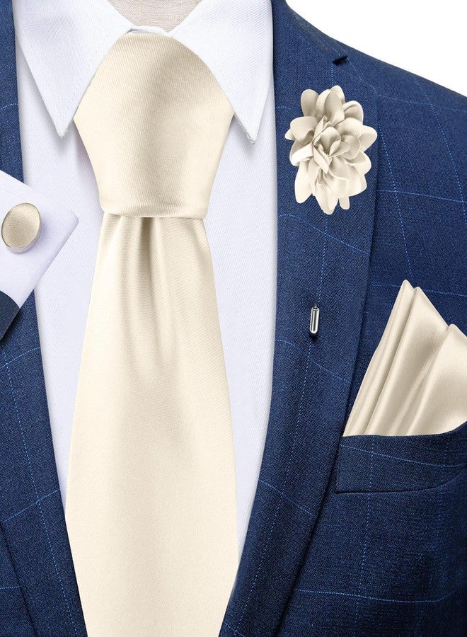 Mukidom Champagne Tie for Men Wedding Solid Satin Silk Champagne Necktie Pocket Square Cufflinks and Lapel Pin Brooch Set - Image 3