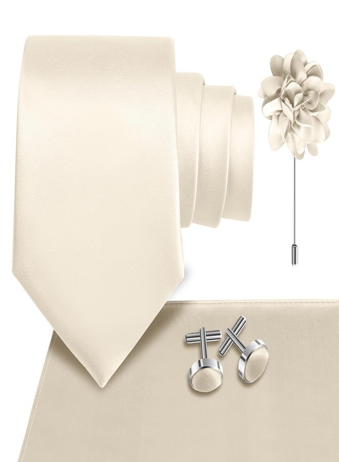 Mukidom Champagne Tie for Men Wedding Solid Satin Silk Champagne Necktie Pocket Square Cufflinks and Lapel Pin Brooch Set - Image 2