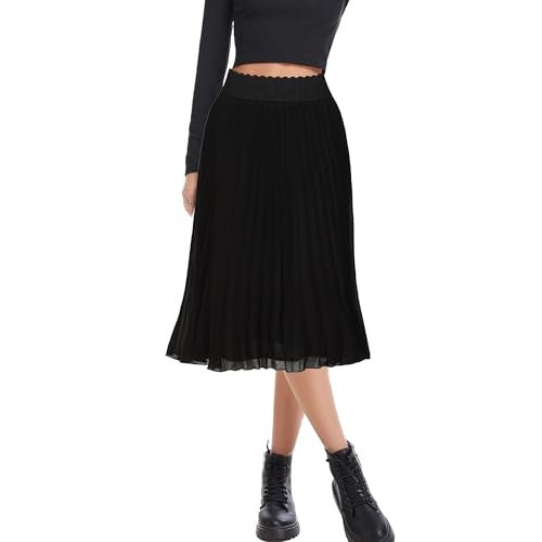 TEERFU Women's Casual High Waist A Line Stretch Pleated Midi Swing Skirt Black XL - Image 5