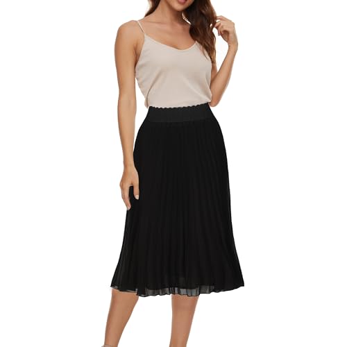 TEERFU Women's Casual High Waist A Line Stretch Pleated Midi Swing Skirt Black XL - Image 4