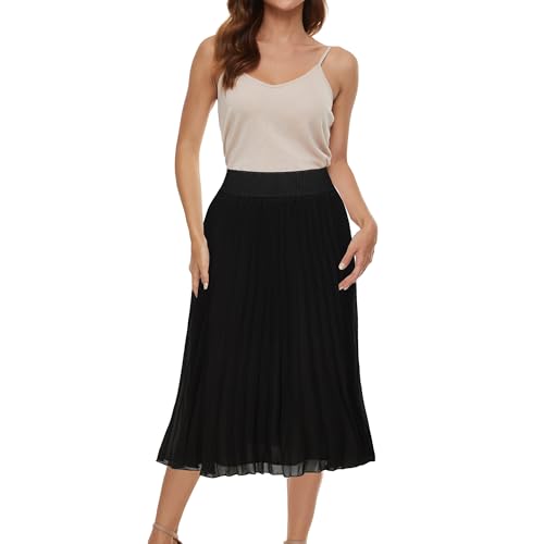 TEERFU Women's Casual High Waist A Line Stretch Pleated Midi Swing Skirt Black XL - Image 2