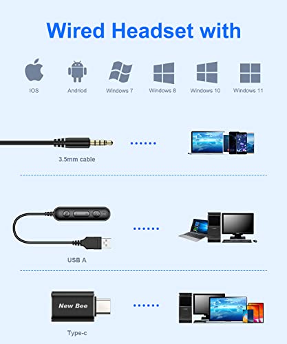 New bee USB Headset with Microphone for PC Computer Headset, Single Ear Noise Cancelling Mic, Call Center Wired Headphone with 3.5 mm/USB/Type C for Skype Zoom Tablet Laptop - Image 5