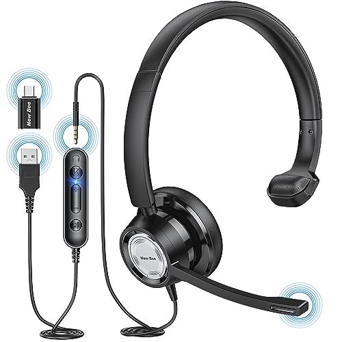 New bee USB Headset with Microphone for PC Computer Headset, Single Ear Noise Cancelling Mic, Call Center Wired Headphone with 3.5 mm/USB/Type C for Skype Zoom Tablet Laptop - Image 1