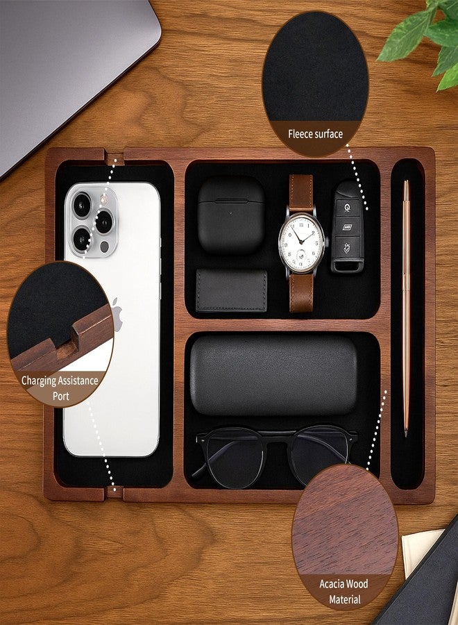 HUGROSE Valet Tray, Multi-Space Acacia Wood Leather Surface Desk Organizer Tray with Charging Assistance Port for Office or Study Room, Nightstand Organizer for EDC, Store Phone, Watch, Wallet, Keys, Jewelry - Image 5