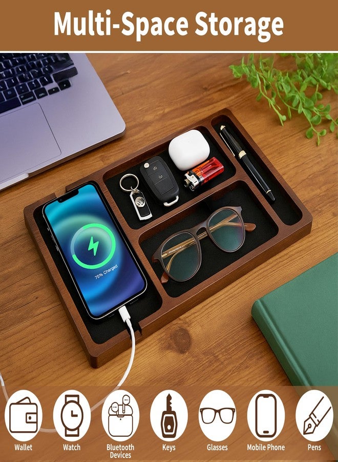 HUGROSE Valet Tray, Multi-Space Acacia Wood Leather Surface Desk Organizer Tray with Charging Assistance Port for Office or Study Room, Nightstand Organizer for EDC, Store Phone, Watch, Wallet, Keys, Jewelry - Image 3