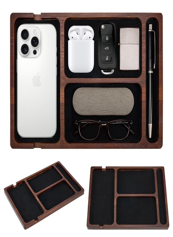 HUGROSE Valet Tray, Multi-Space Acacia Wood Leather Surface Desk Organizer Tray with Charging Assistance Port for Office or Study Room, Nightstand Organizer for EDC, Store Phone, Watch, Wallet, Keys, Jewelry - Image 1
