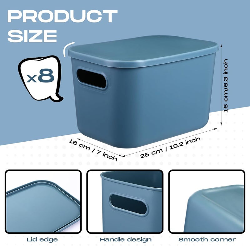 Hoolerry 8 Pieces Colorful Storage Bins with Lid, Plastic Storage Basket Organizing Container Stackable Box with Handle for Shelves Desktop Playroom Office(10.2 x 7 x 6.3 Inch,Blue) - Image 2