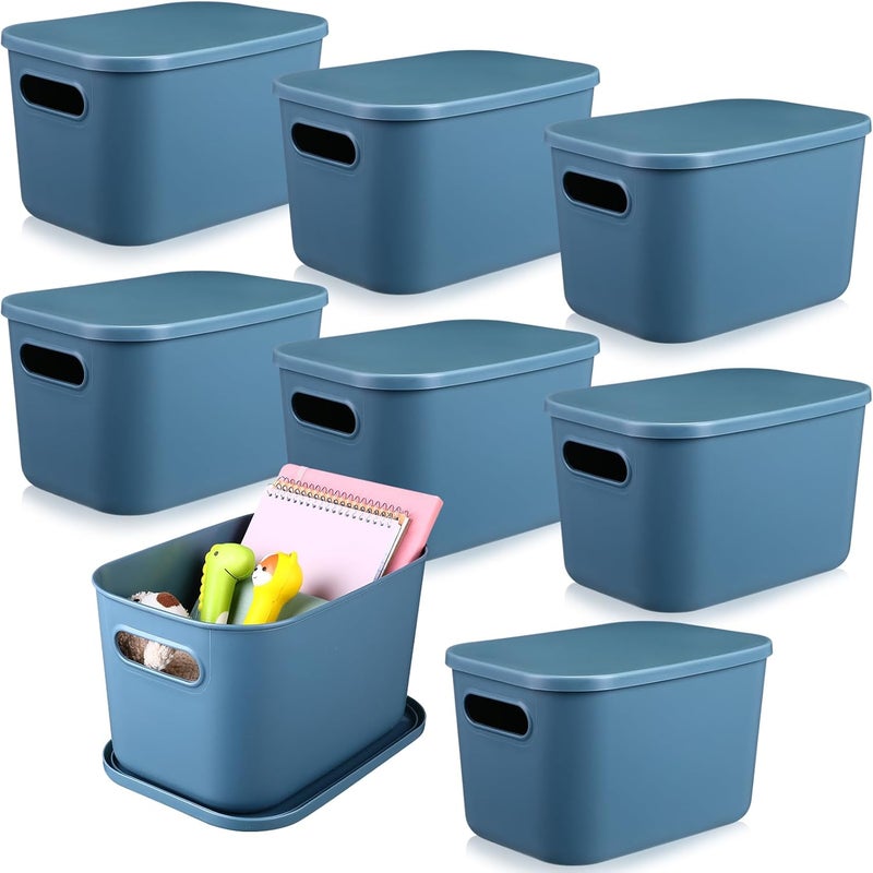 Hoolerry 8 Pieces Colorful Storage Bins with Lid, Plastic Storage Basket Organizing Container Stackable Box with Handle for Shelves Desktop Playroom Office(10.2 x 7 x 6.3 Inch,Blue) - Image 1