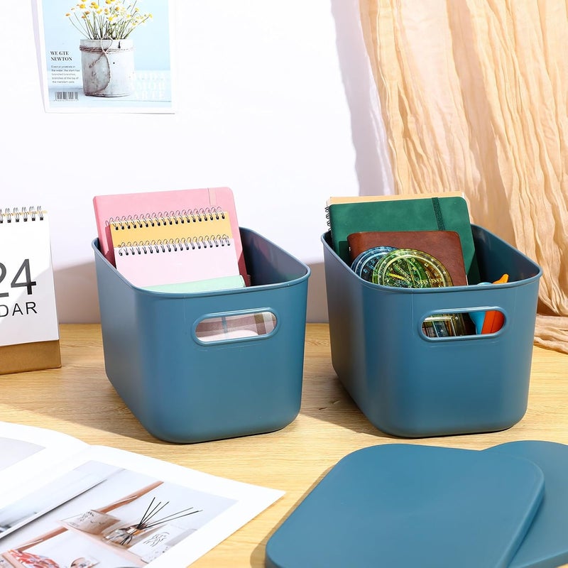 Hoolerry 8 Pieces Colorful Storage Bins with Lid, Plastic Storage Basket Organizing Container Stackable Box with Handle for Shelves Desktop Playroom Office(10.2 x 7 x 6.3 Inch,Blue) - Image 3