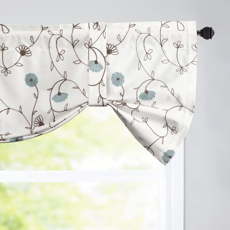 VOGOL Tie Up Valances for Windows Kitchen Blue Floral Embroidered Tieup Adjustable Valance for Small Windows Rod Pocket 52 x 18 Inches One Panel