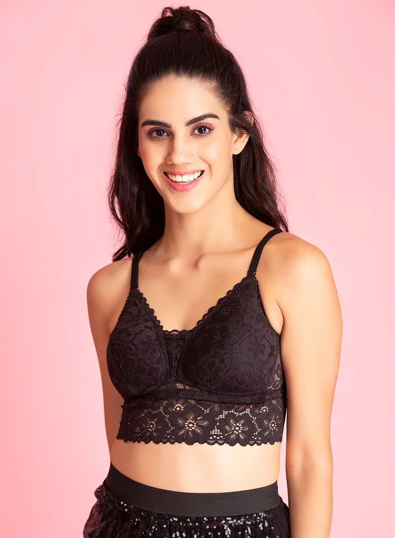 كلوفيا Clovia Padded Non-Wired Full Coverage Long Line Lace Bralette in Black
