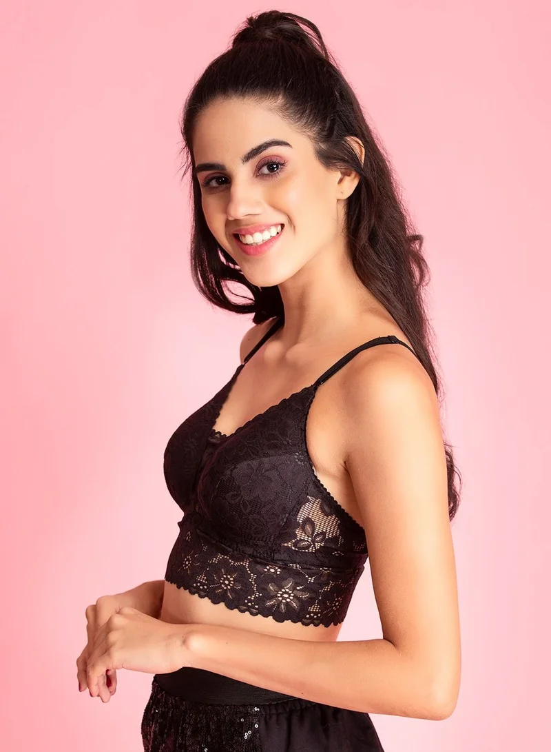 كلوفيا Clovia Padded Non-Wired Full Coverage Long Line Lace Bralette in Black