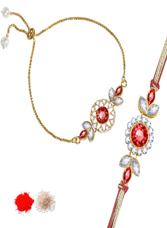 Kaameri Bazaar Bhaiya Bhabhi Rakhis Set with Roli Chawal Pack, Laxmi Ganesha Pooja Coin and Greeting card - Rakhi for brother and Lumba Rakhi for Bhabhi - Image 1