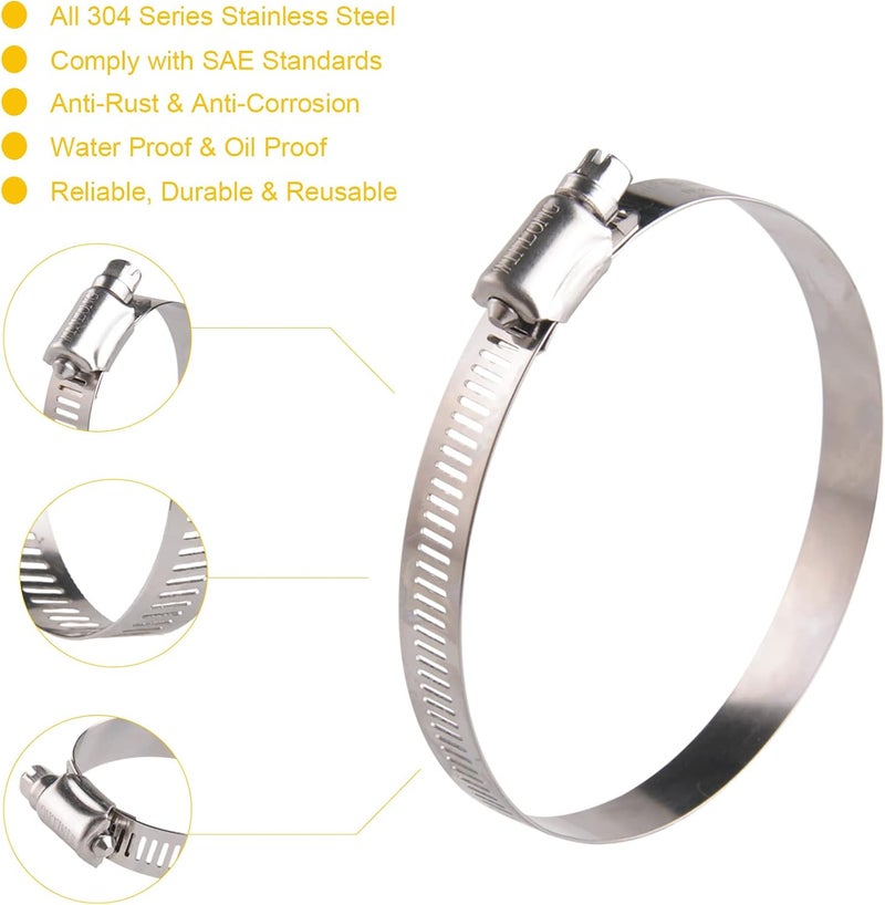 WIN-LONG 3.5'' Stainless Steel Hose Clamps, 8PK SAE 56 Worm Gear Drive Hose Clamps Clamping Range 3 to 4 Inch (76-102mm) for Automotive Plumbing, 3 1/2'', 3 3/4'', 3 1/4'' Clamps - Image 2