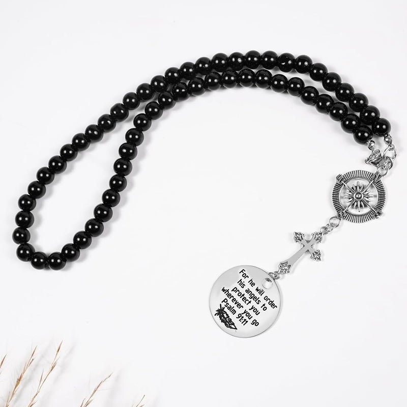STHIRA® Guardian Angel Cross Car Mirror Hanging Car Charm with Psalm Verse Beaded Cross & Stainless Steel Compass Pendant for Rear Mirror Spiritual Car Hanging Accessories Interior Decor & Ideal Gift - Image 4