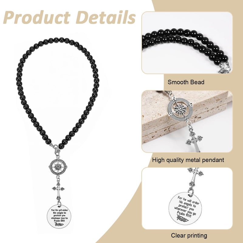 STHIRA® Guardian Angel Cross Car Mirror Hanging Car Charm with Psalm Verse Beaded Cross & Stainless Steel Compass Pendant for Rear Mirror Spiritual Car Hanging Accessories Interior Decor & Ideal Gift - Image 3
