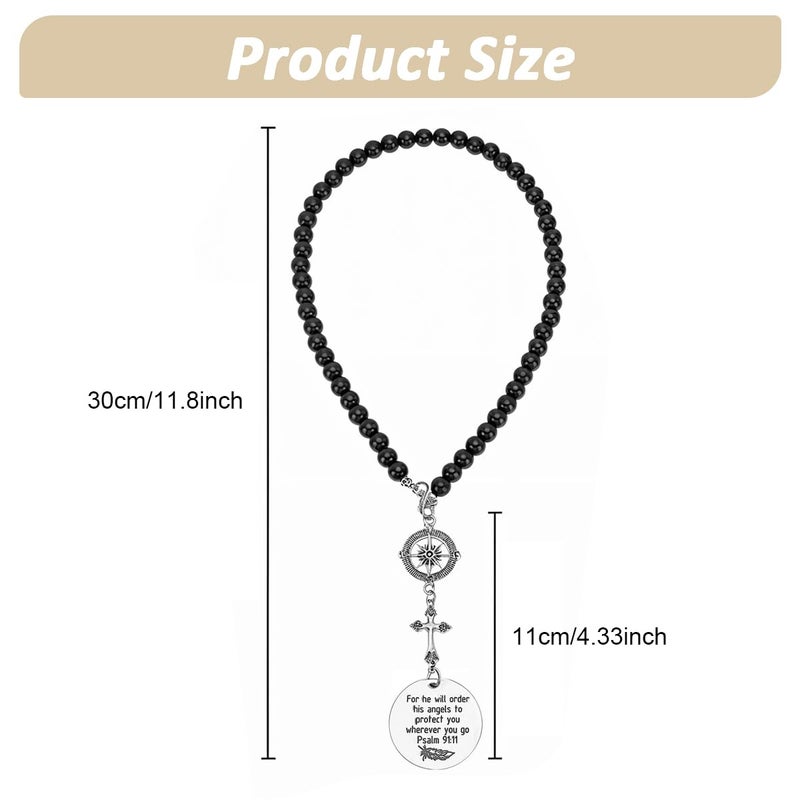 STHIRA® Guardian Angel Cross Car Mirror Hanging Car Charm with Psalm Verse Beaded Cross & Stainless Steel Compass Pendant for Rear Mirror Spiritual Car Hanging Accessories Interior Decor & Ideal Gift - Image 2