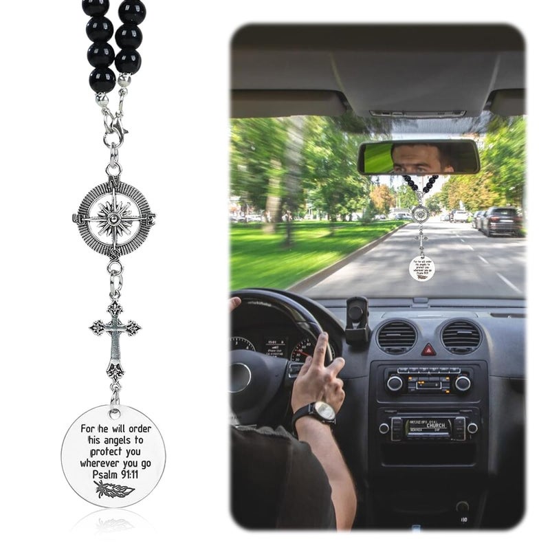 STHIRA® Guardian Angel Cross Car Mirror Hanging Car Charm with Psalm Verse Beaded Cross & Stainless Steel Compass Pendant for Rear Mirror Spiritual Car Hanging Accessories Interior Decor & Ideal Gift - Image 1