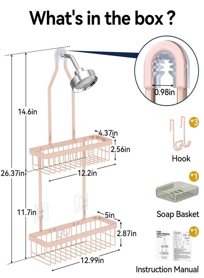 YASONIC Shower Caddy Hanging, Never Rust Shower Organizer Hanging, Aluminum Shower Racks for Inside Shower with Hooks for Razor, Bathroom Organizers and Storage with Soap Holder, Rose Gold - Image 2