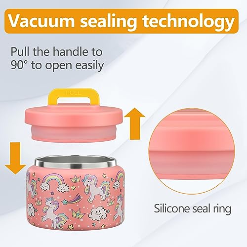 PIQUEBAR 8oz Kids Thermo for Hot Food,Small Lunch Thermos Food Container Stainless Steel,Easy Open Wide Mouth Thermo for Hot Cold Food for Preschool Travel (Pink Unicorns) - Image 5