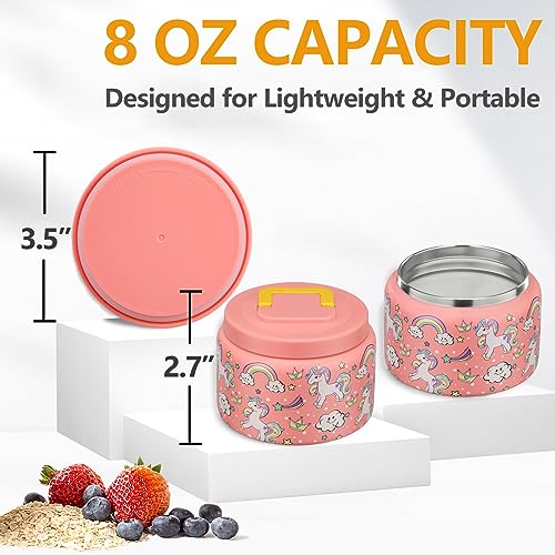 PIQUEBAR 8oz Kids Thermo for Hot Food,Small Lunch Thermos Food Container Stainless Steel,Easy Open Wide Mouth Thermo for Hot Cold Food for Preschool Travel (Pink Unicorns) - Image 2
