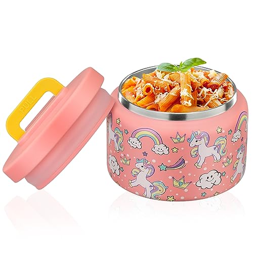 PIQUEBAR 8oz Kids Thermo for Hot Food,Small Lunch Thermos Food Container Stainless Steel,Easy Open Wide Mouth Thermo for Hot Cold Food for Preschool Travel (Pink Unicorns) - Image 1