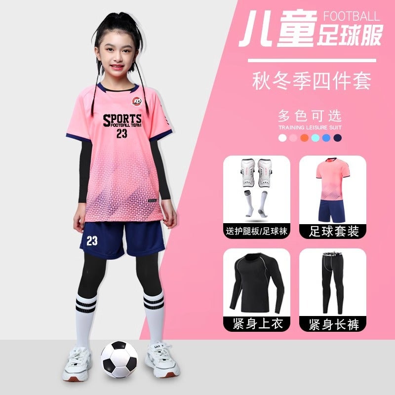 Children'S Football Uniform Suit, Men'S And Women'S Short-Sleeved Football Uniform, Primary School Student Printed Jersey Training Game Quick-Drying Suit Four-Piece Set - Image 2