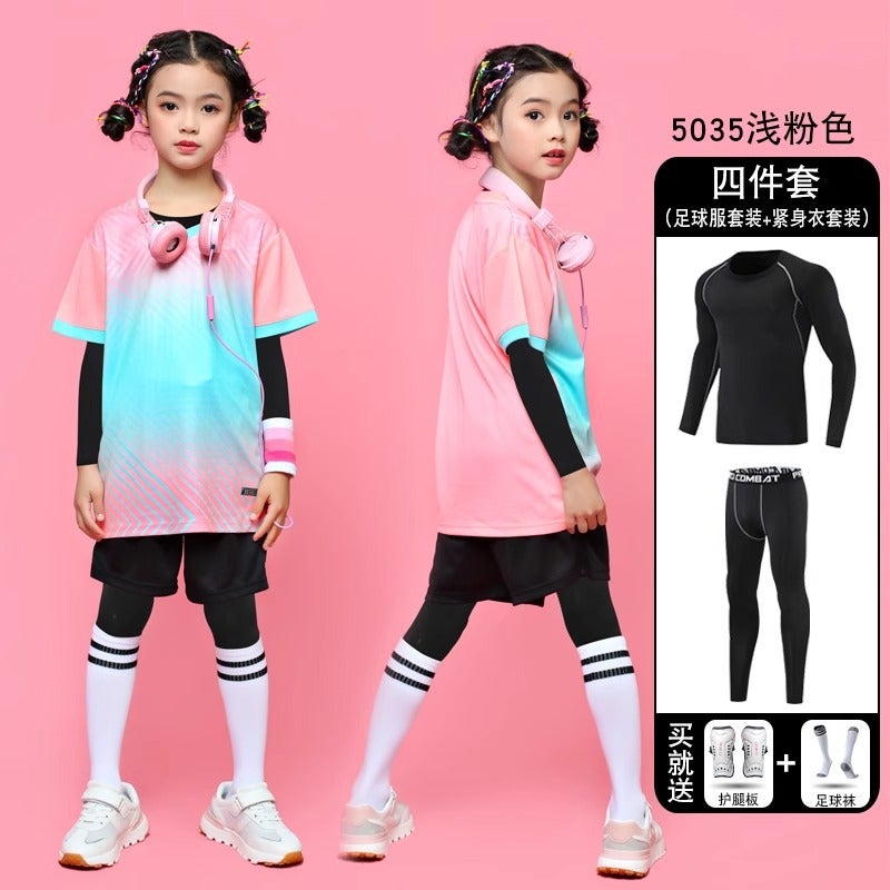 Children'S Football Uniform Suit, Men'S And Women'S Short-Sleeved Football Uniform, Primary School Student Printed Jersey Training Game Quick-Drying Suit Four-Piece Set - Image 1
