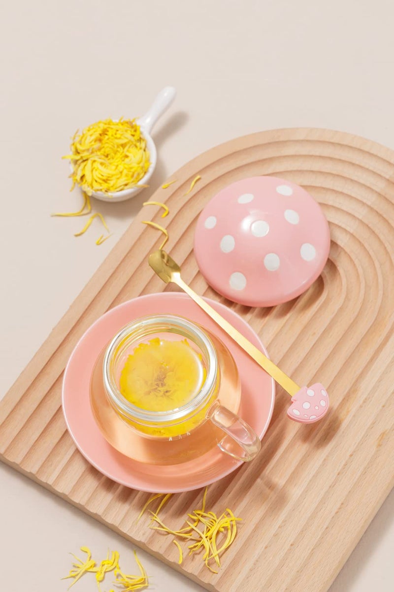 Rain House Mushroom Tea Cup Set, Cute Glass Tea Cups and Saucers, Kawaii Tea Cup with Infuser for Loose Leaf Tea Steeper, Coffee Mug Christmas Gifts for Women,Tea Infuser Mug with Lid for Mother Girls (Yellow) - Image 2