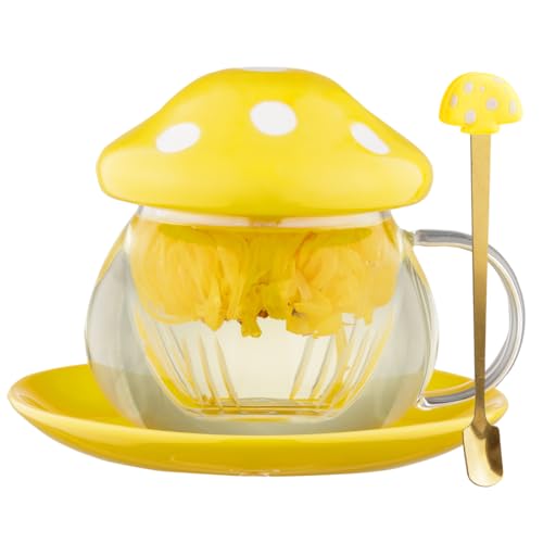 Rain House Mushroom Tea Cup Set, Cute Glass Tea Cups and Saucers, Kawaii Tea Cup with Infuser for Loose Leaf Tea Steeper, Coffee Mug Christmas Gifts for Women,Tea Infuser Mug with Lid for Mother Girls (Yellow) - Image 1
