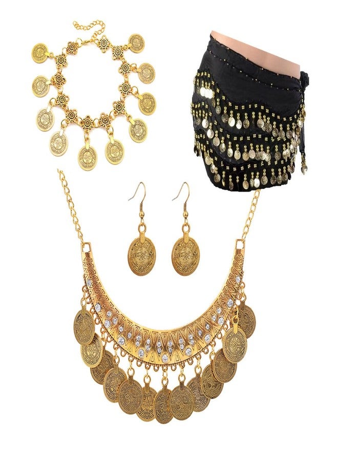 JinYu 5 Set Women Belly Dance Gypsy, Gold Hip Skirt Scarf Wrap Belt, Gold Necklace and Earrings Bracelet Jewelry for Cosplay - Image 1
