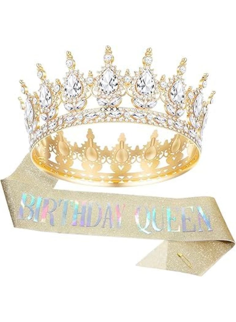 Luckam Gold Crown for Women Queen Set, Rhinestone Tiara and Sash, Sparkling Crystal Birthday Crown Headband for Bride, Princess, Party, Wedding, Bachelorette, Pageant, and Photo Props - Image 1