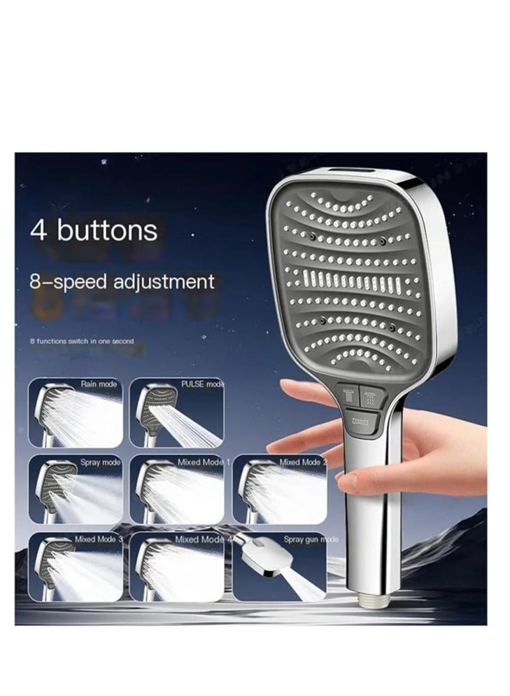 OUYoo Home Essentials Shower Head 8 Mode  ShowerHead Handheld with  Customizable Spray Button Settings, High Water Pressure & Water Saving Design with Easy DIY Installation.     (Silver Shower) - Image 2